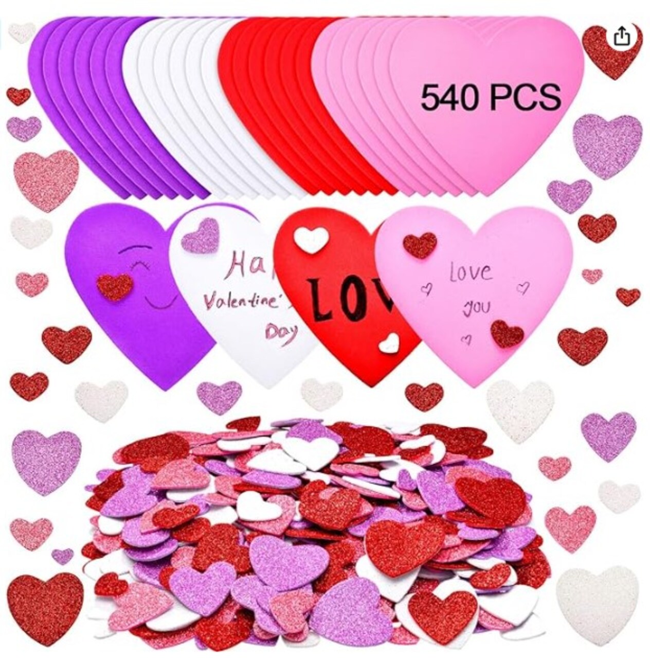 The 524-piece Valentine's Foam Hearts Craft Set includes 500 foam heart stickers and 24 heart-shaped foam crafts for Valentine's Day.
